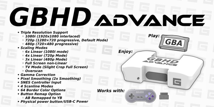 ゲームボーイアドバンスを最大1080iで出力可能な『GBHD ADVANCE』の完成品が来週月曜から販売開始