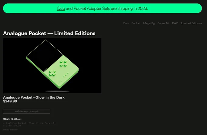 Analogue Pocketに暗闇で光る『Glow in The Dark』エディションが登場？　太平洋夏時間の9月1日午前8時より販売開始。価格は249.99ドル