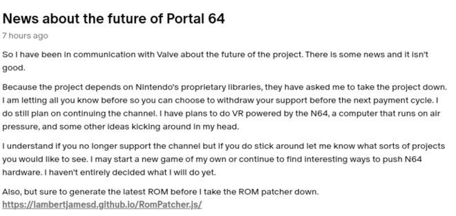 『Portal 64』がGitHubから削除されるもオンラインパッチはまだ稼働中