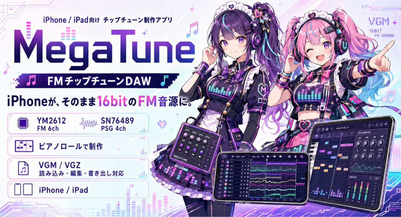 iPhoneでFM音源を再現！YM2612＆SN76489対応のチップチューンDAW『MegaTune』が配信開始