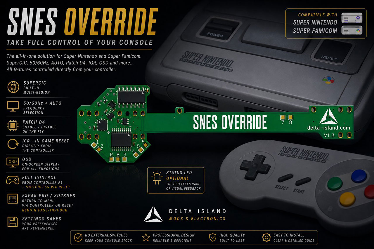 スーファミを多機能化する「SNES OVERRIDE」が登場!リージョン切替やOSD、IGRなどを1枚の基板に集約