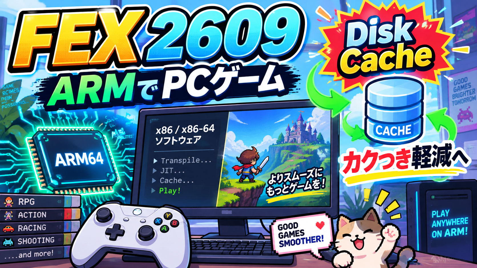 ARMでPCゲームのカクつき軽減へ。「FEX 2609」がJIT変換済みコードのディスクキャッシュを試験提供