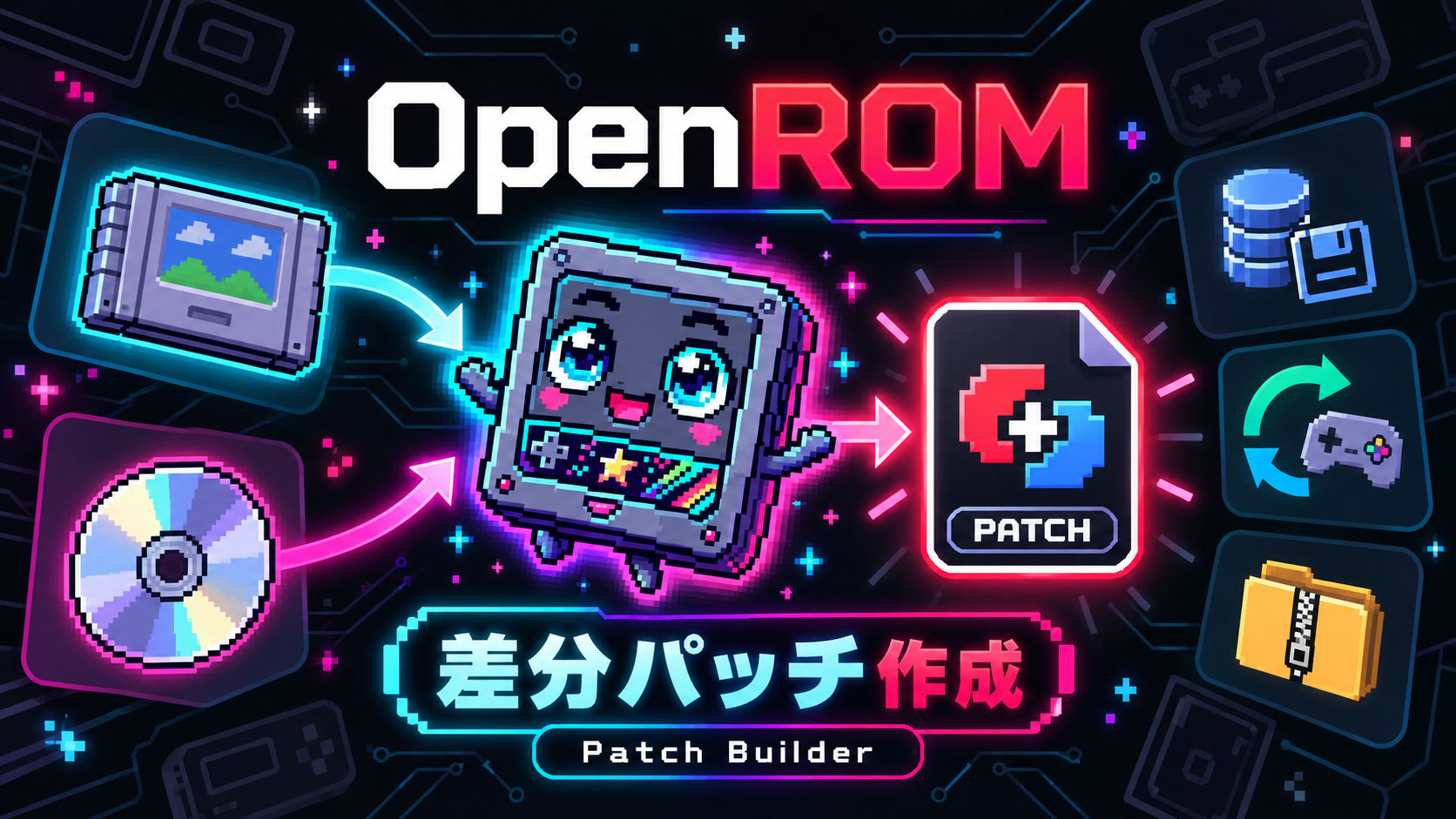 OpenROM 3.7系でPatch Builder追加。2つのROMからIPS32／UPS／DCP／SSPなどのパッチを作成可能に
