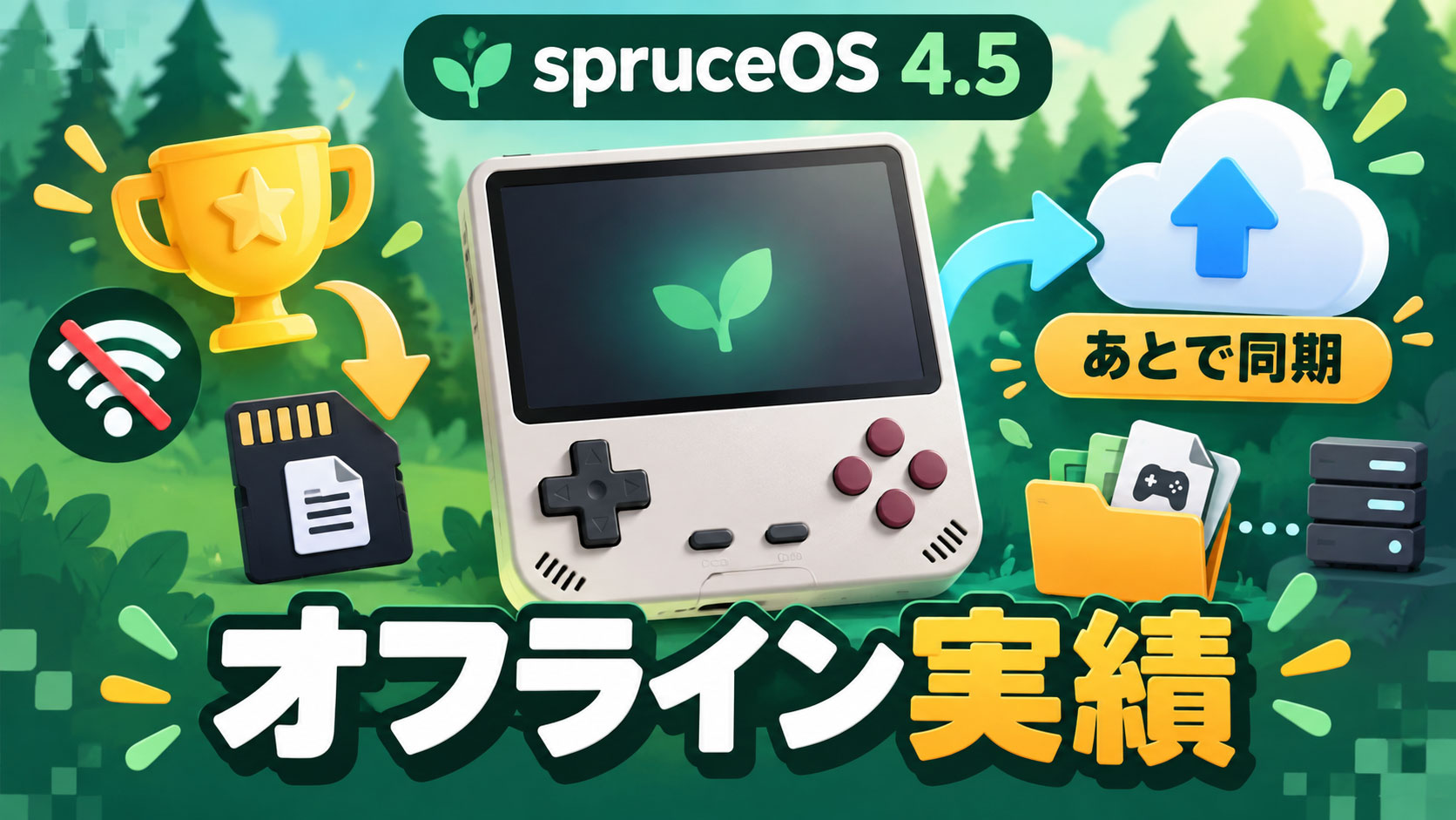 レトロ携帯機でオフライン実績解除。spruceOS 4.5系、RetroAchievementsの後同期とRomM連携を追加